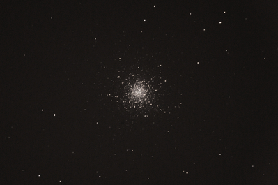 M13 - The Hercules Globular Cluster
Celestron CPC800 unguided and in alt-az mode. A mix of 5 and 15 sec exposures for a total of 2m45s using a stock Nikon D300s, focus eyeballed using the camera LCD screen. Registered and stacked with DeepSkyStacker.
