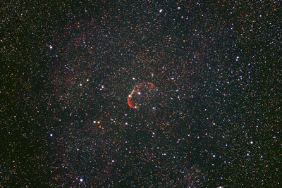 NGC 6888 Crescent Nebula
Twain Harte, California.

Unmodified Sony a7R and Astro-Tech AT65EDQ 65mm f/6.5 refractor mounted on a Losmandy G11 mount. 13 x 5 minute sub-frames, 5 averaged darks processed with DeepSkyStacker.
