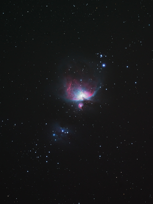 M42 - The Orion Nebula
It's M42 season again! It has been a long time since I tried my hand at M42. This one was actually taken from very light polluted San Francisco with a lot of help from my new IDAS LP-2 filter. The LP-2 is a broadband filter which blocks only the wavelengths of light emitted by mercury and sodium vapor lights while allowing the rest of the spectrum to pass through. It doesn't add a lot of exposure time and the difference it makes is rather dramatic!

Unmodified Sony a7R and an Astro-Tech AT65EDQ 65mm f/6.5 refractor on a Losmandy G11. Guided with a 9x50 finderscope and Orion StarShoot autoguider using PHD. 20 x 30 second integrations (for the core) plus 20 x 300 second integrations and five averaged darks all at ISO 1600.
