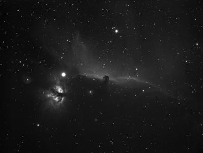 ICI434 -- The Horsehead and Flame Nubulas in Orion
My first attempt with my new-to-me SBIG ST-8300m. I'm really pleased how well the camera performs with the Orion filter wheel and 1.25" filers. I was expecting a lot more vignetting. I'm hoping to add some color data to this soon.

SBIG ST-8300m camera, Astro-Tech AT65EDQ 65mm f/6.5 refractor, Astronomik 1.25" Ha filter, Orion Nautilus 7x1.25" motorized filter wheel, Losmandy G11 Gemini-2 mount. 30 x 5 minute sub-frames, 30 averaged darks, 30 averages bias frames, no flats.
