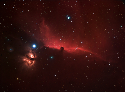 The Horsehead and Flame Nebulas in Orion
I got a second amazing night for imaging and despite it being a Tuesday I couldn't resist having a go at some RGB data and eating the lack of sleep. I combined the color channels with the hydrogen alpha data I collected on Saturday with the RGB images to get this image. 

SBIG ST-8300m camera, Astro-Tech AT65EDQ 65mm f/6.5 refractor, Astronomik 1.25" RGB and Ha filters, Orion Nautilus 7x1.25" motorized filter wheel, Losmandy G11 Gemini-2 mount. 

30 x 5 minute Hydrogen Alpha sub-frames for luminance
20 x 5 minute sub-frames for each red, green and blue filter
30 averaged darks
30 averaged bias frames
