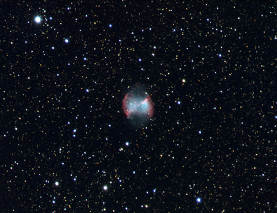 M27 Dumbbell Nebula
Twain Harte, California.

This was my first ever try at a proper RGB image. I used a set of Astronomik filters and took 10 x 5 minute images for each red, green and blue filter and then combined them to make this color image. I still need to take some luminance channel images and maybe some hydrogen-alpha and OIII images to combine with the color data to bring out more structure and fine detail.

Starlight Xpress MX-716 and Astro-Tech AT65EDQ 65mm f/6.5 refractor mounted on a Losmandy G11 mount. 10 x 5 minute sub-frames for each red, green and blue channels using Astronomik Type 2C LRGB filter set. Processed with DeepSkyStacker.

