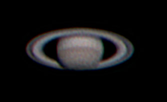 Saturn
This shot of Saturn was completely processed in IRIS 3.2.1. The AVI was imported and broken down into RGB fits files that I then selected the best examples using the BESTOF and SELECT commands for each channel. The best 300 of each channel were chosen and batch unsharp masked before being stacked individualy and finally combined using the TRICHRO command. The bigger image was produced by 2x spline resizing the raw stack result of each channel unsharp masking a bit more heavily and combining the three images with the TRICHRO command. A lot more work than AVI2BMP but the results are nice!
Keywords: Saturn