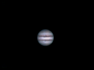 Jupiter
An unbarlowed shot of Jupiter. This was a stack of 60 raws with a 30 average dark frame subtracted and all cooked up in AstroStack. Brightness and colors were then adjusted in PhotoShop to get rid of that pinkish look the VC insists on giving everything.
Keywords: Jupiter