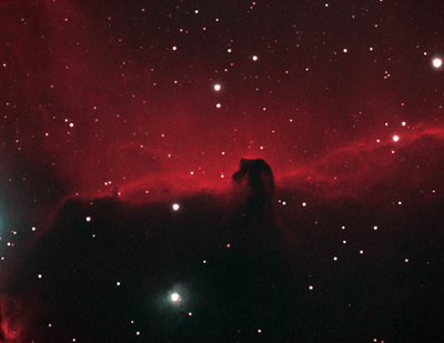 Horsehead Nebula in Orion (IC434)
I finally managed to get some more imaging time on the Horsehead and enough data to make a color image. This is a false color image using 3 hours of hydrogen alpha images (Ha) for the red channel, 3 hours of ionized oxygen (OIII) images for the green channel and the blue channel synthesized as a 90%-10% mix of OIII and Ha.

I'm in the process of saving up for a modern CCD camera but in the meantime... Not too bad for a 10 year old camera (Starlight MX716) with a chip the size of a gnat!

Astro-Tech 65EDQ 65mm f/6.5 telescope, Starlight Xpress MX-716 CCD camera, Astronomik H-Alpha and OIII filters, Losmandy G11 mount. Guided using an Orion StarShoot autoguider attached to a 9x50 finderscope and PHD software.

18 x 10 minute integrations (3 hours total time each) for H-Alpha and OIII, 10 x 10 minute darks, 10 x 1/10th second bias frames.
