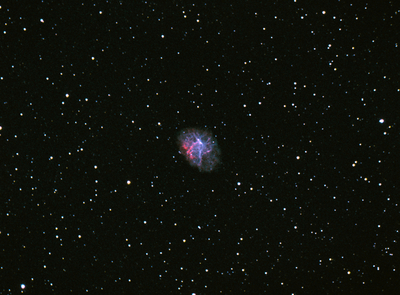M1 - The Crab Nebula 
Astro-Tech 65EDQ 65mm f/6.5 telescope, Starlight Xpress MX-716 CCD camera, Astronomik H-Alpha and OIII filters, Losmandy G11 mount. Guided using an Orion StarShoot autoguider attached to a 9x50 finderscope and PHD software.

20 x 10 minute integrations for H-Alpha, 16 x 10 minute integrations for OIII, 10 x 10 minute darks, 10 x 1/10th second bias frames.

Color image synthesized using the clipping layer mask tutorial at the following link:
https://www.youtube.com/watch?v=_aIT_FAH_sI&x-yt-cl=84503534&x-yt-ts=1421914688
